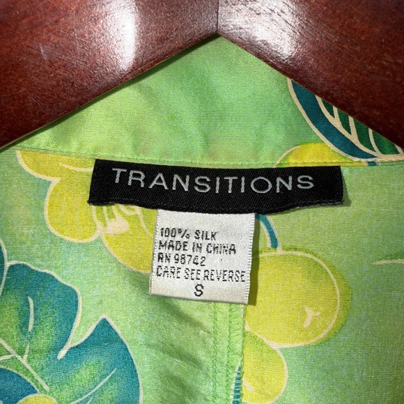 Transitions Silk Shirt Jacket Women S Green Floral Colorful Open Front Collared - Picture 2 of 8